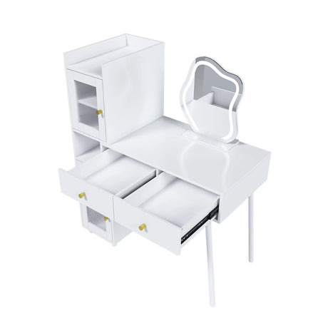 Vanity Dressing Table With LED Mirror & Storage Makeup Desk With 3 Drawers, 2 Open Shelves & 4 Hidden Cabinets - White - Furniture Home Direct