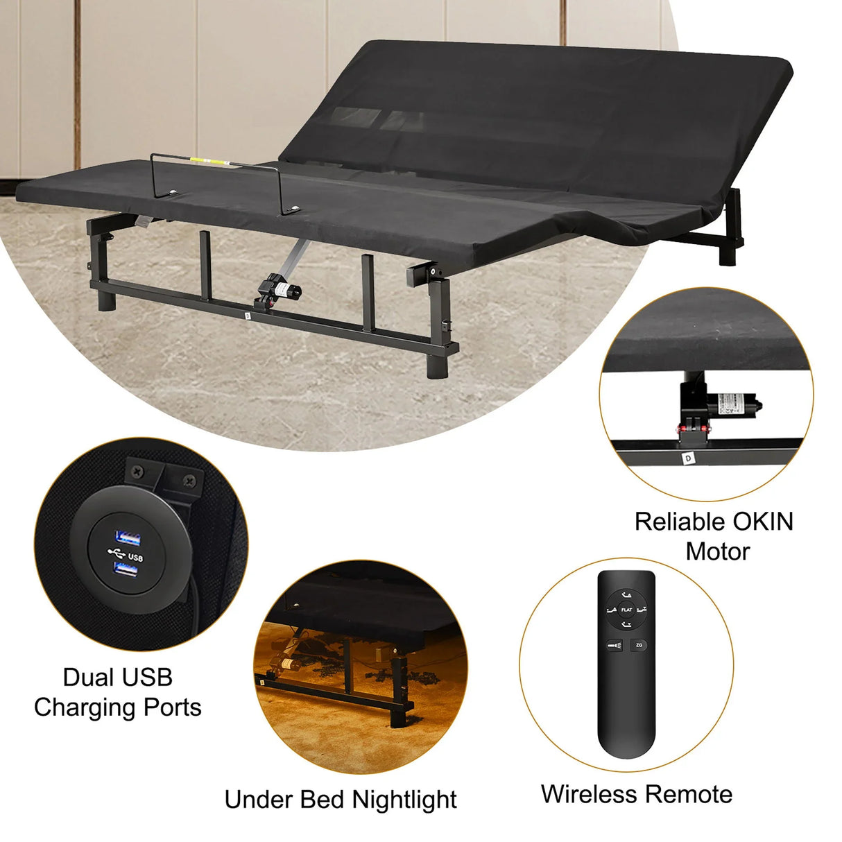 Adjustable Bed Base Frame Queen With Head And Foot Incline Wireless Remote - Antique Black - Furniture Home Direct