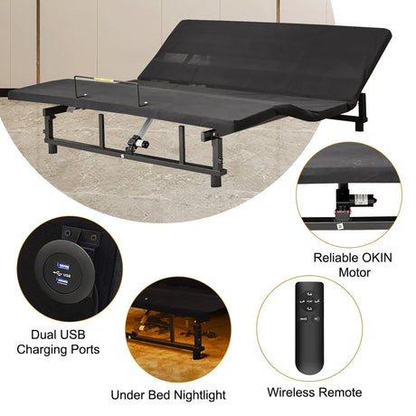 Adjustable Bed Base Frame Queen With Head And Foot Incline Wireless Remote - Antique Black - Furniture Home Direct