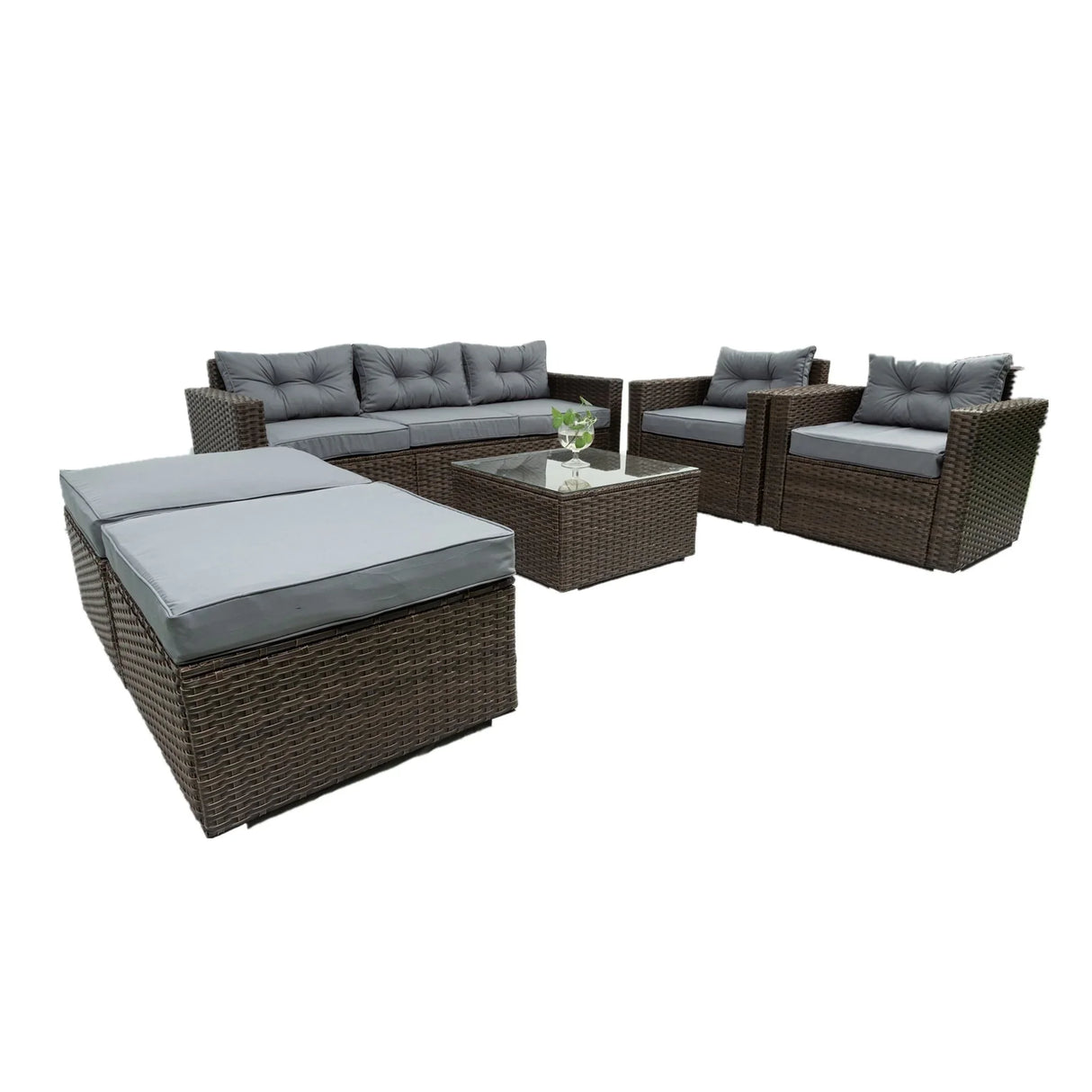 6 Piece Patio Rattan Wicker Outdoor Furniture Conversation Sofa Set With Removeable Cushions And Temper Glass Tabletop - Brown - Furniture Home Direct
