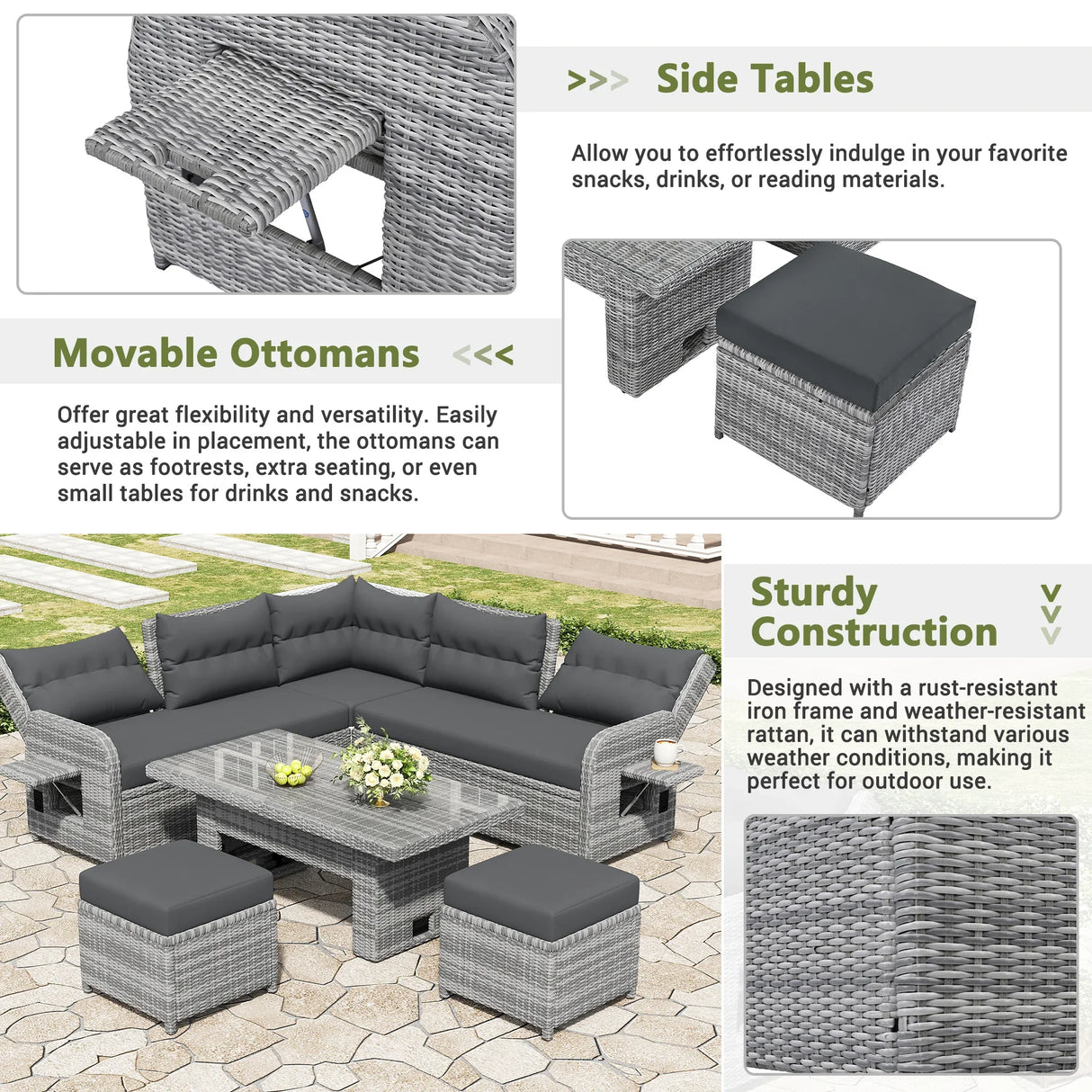 6 Piece Patio Set With An Adjustable Table, Recliners With Extendable Side Tables, And 2 Ottomans - Gray - Furniture Home Direct