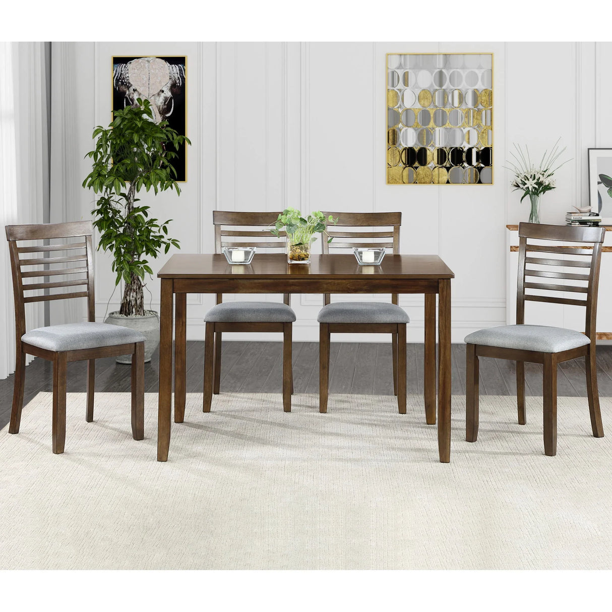 5 Pieces Modern Dining Set, Rectangular Wooden Dining Table With 4 Upholstered Chairs - Furniture Home Direct