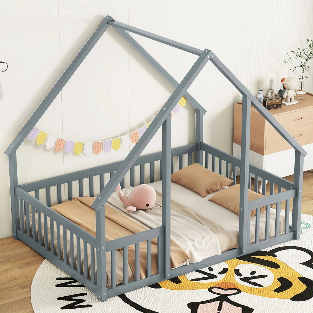 Wood House-Shaped Floor Bed With Fence, Guardrails - Furniture Home Direct