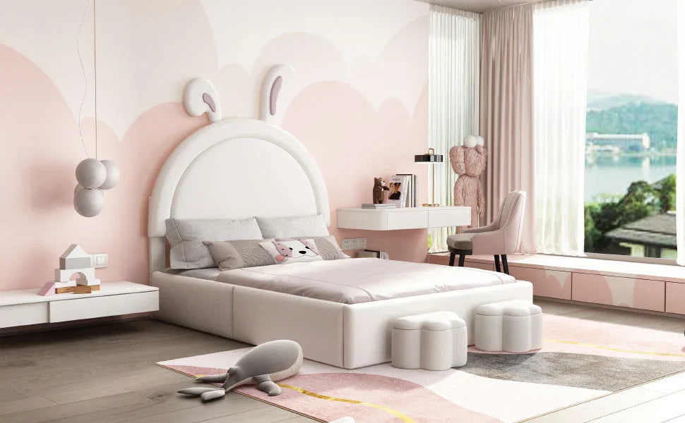 Rabbit-Shaped Bed for Kids Upholstered Full-Size White - Furniture Home Direct