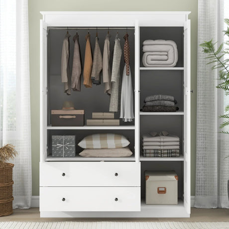 3 Shutter Door Wardrobe Armoire Closet with 2 Drawers, White - Furniture Home Direct