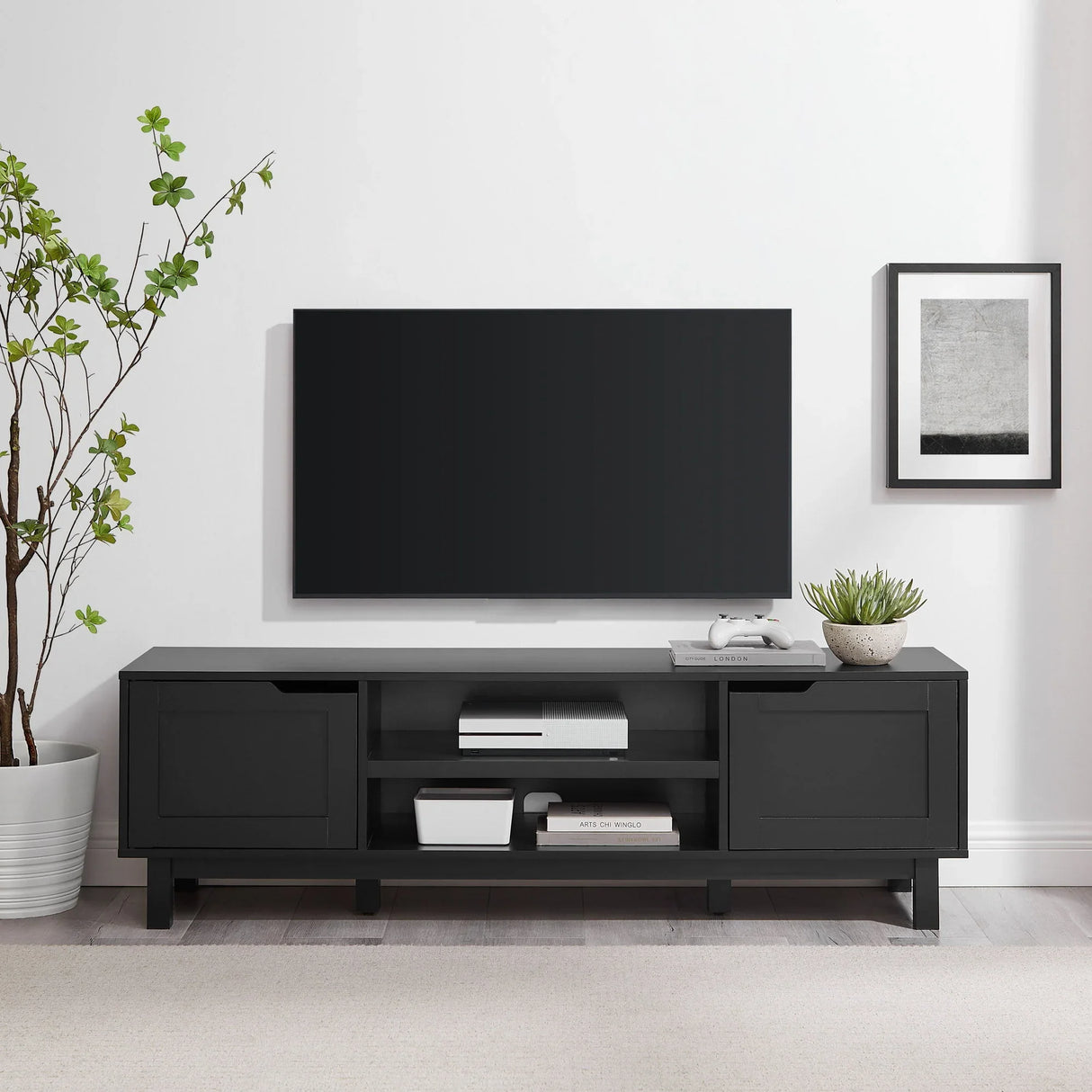 Modern 2 Door Open Storage TV Stand For TVs Up To 65" - Solid Black - Furniture Home Direct