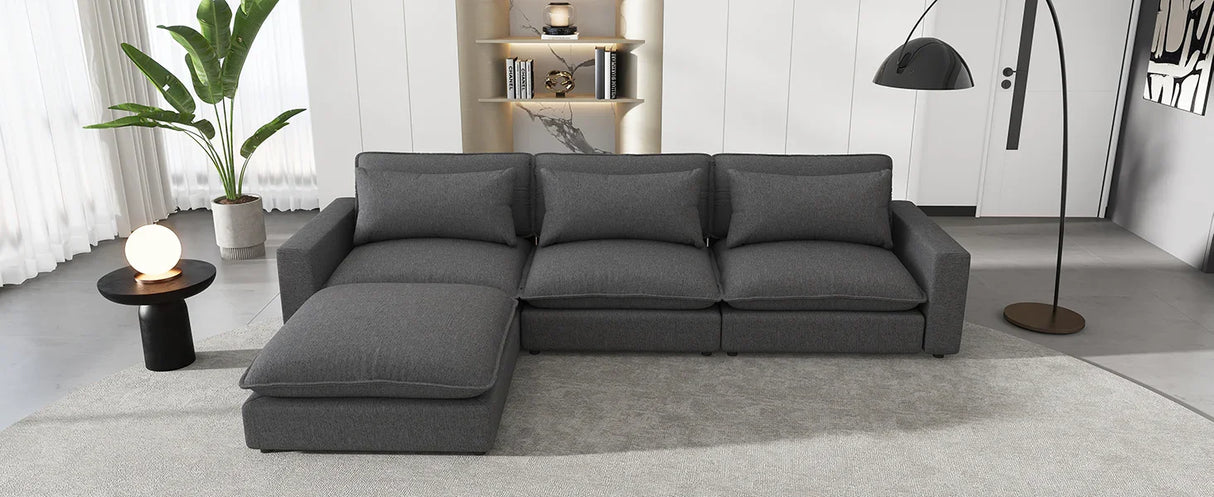 Chenille Cloud Sectional with Ottoman, Charging Ports and Three Back Pillows - Grey - Furniture Home Direct