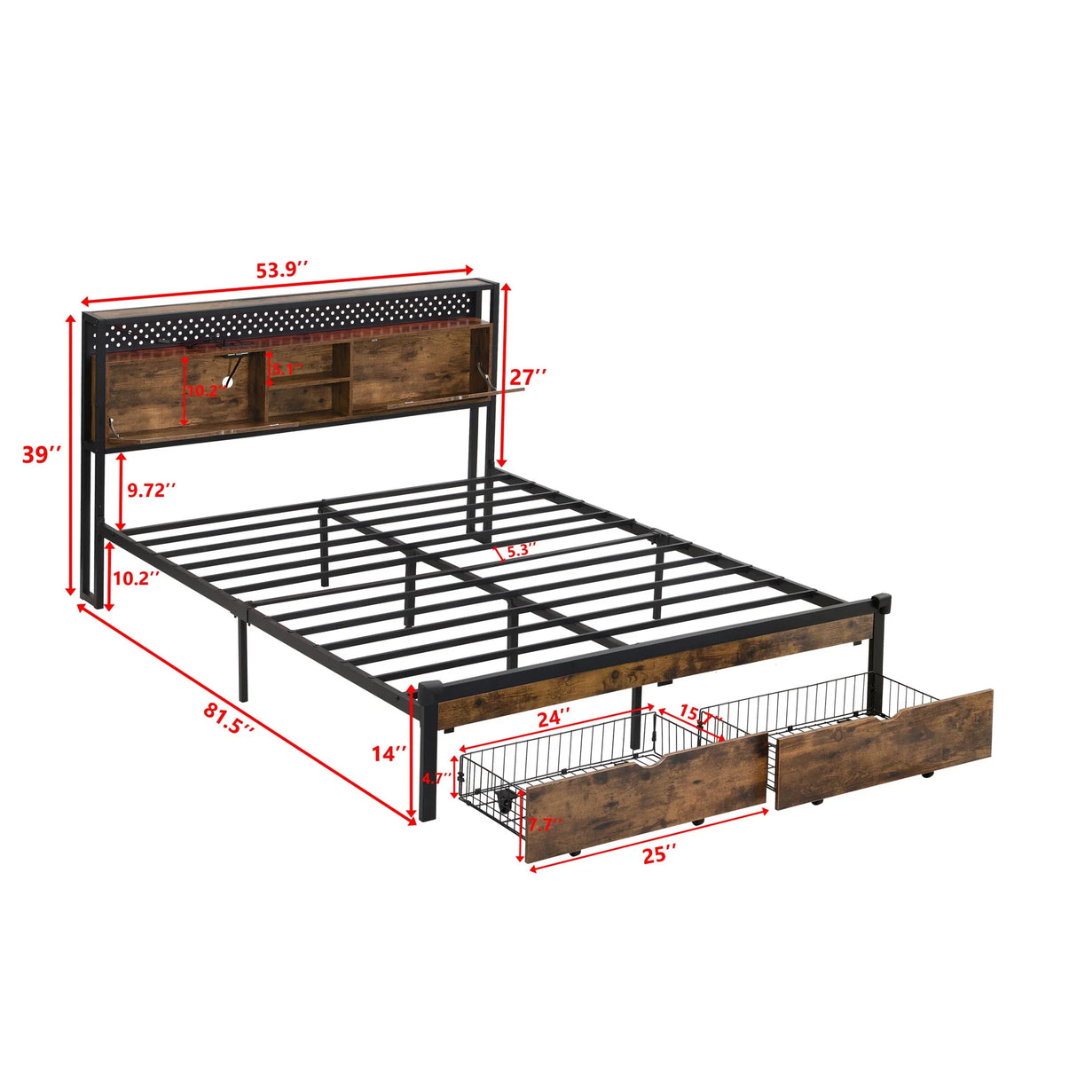 Modern Metal Platform Bed Frame With Wooden Headboard, USB Charging Station, Storage Drawers - Furniture Home Direct