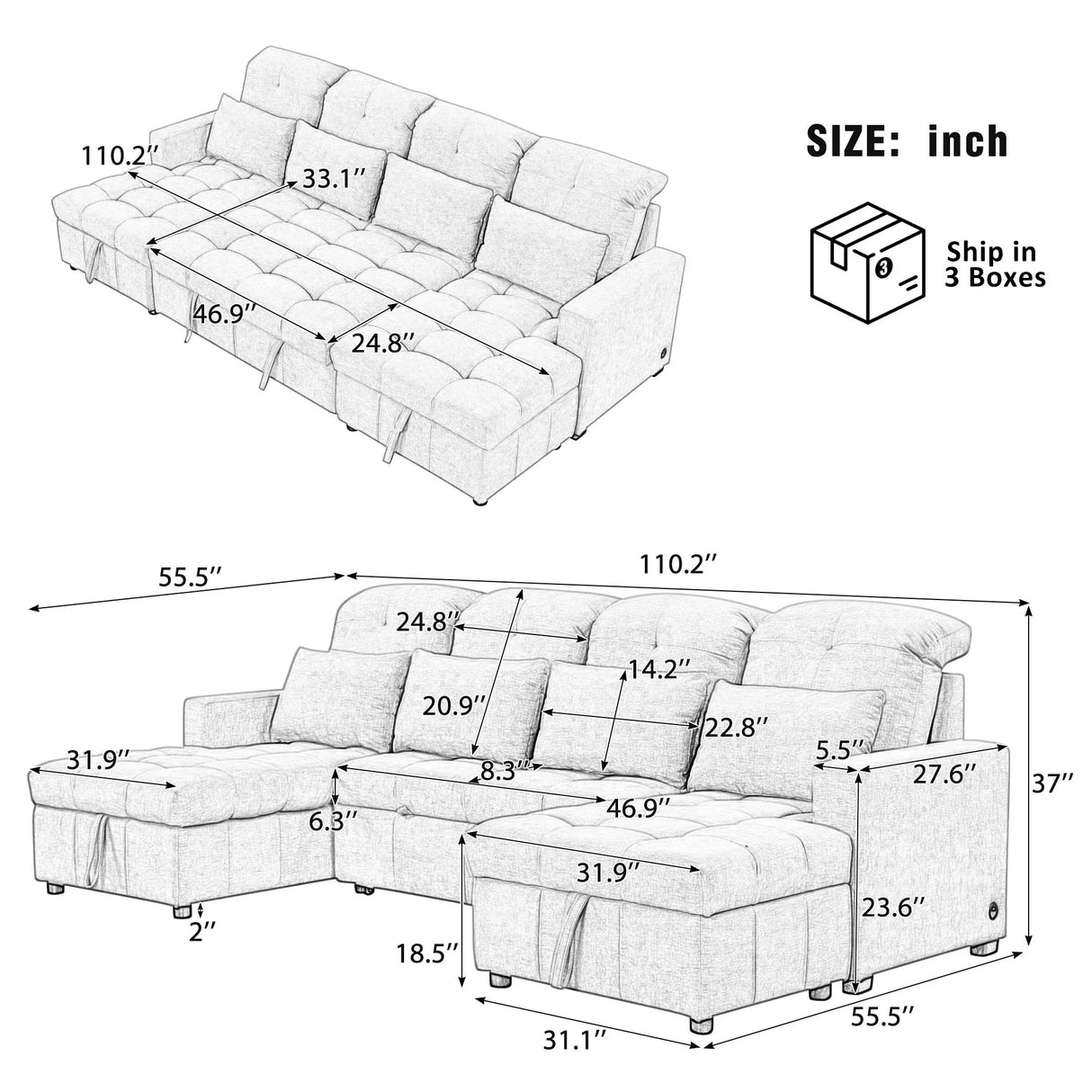 Oversized U-Shaped Versatile Sectional, Pull-Out Sofa Bed With Double Storage Chaise Lounges And 2 USB Ports For Living Room - Furniture Home Direct