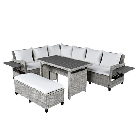 Outdoor Rattan Sectional With 2 Extendable Side Tables and Washable Covers - Furniture Home Direct