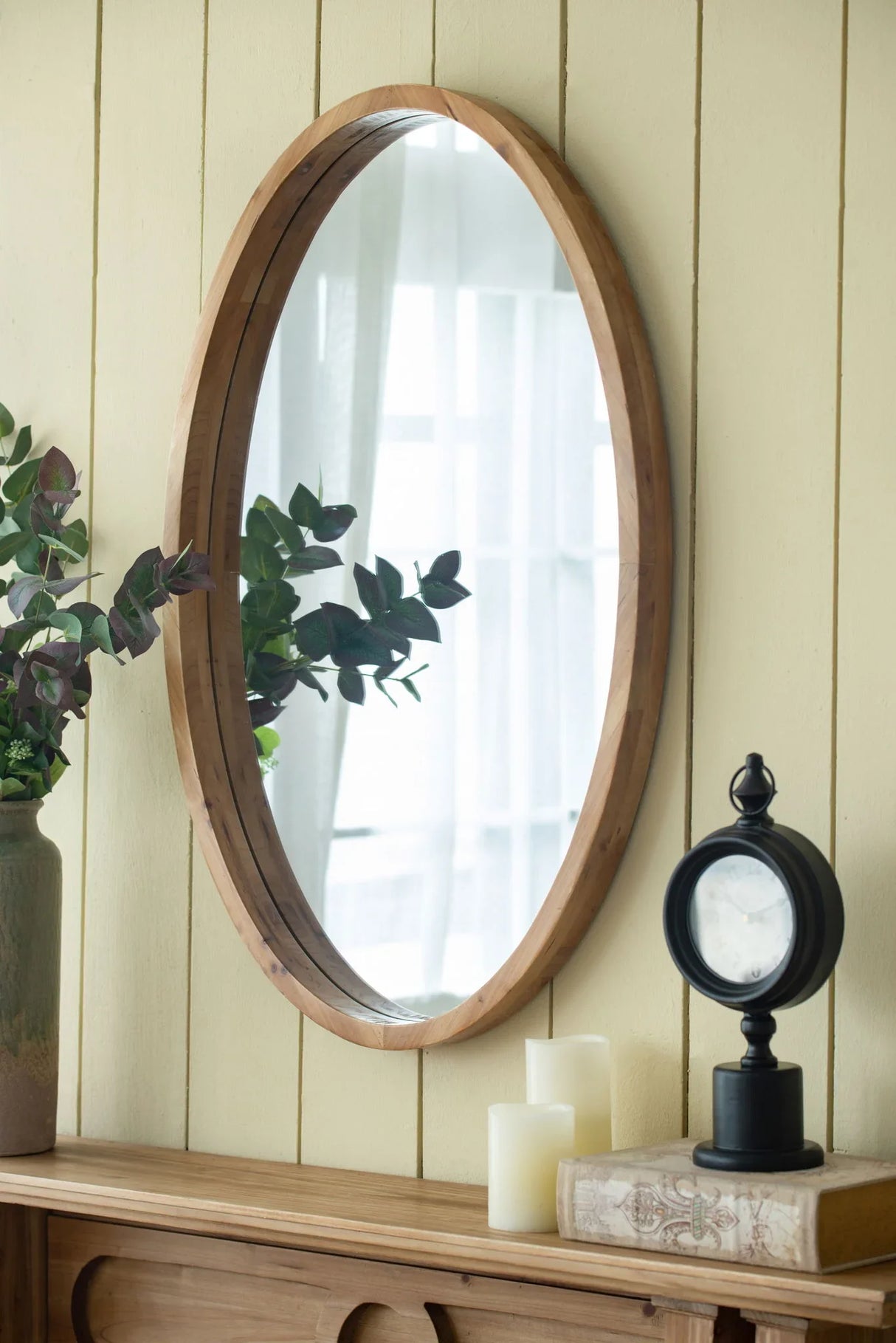 Oval Wall Mirror With Wood Frame, Farmhouse Wood Mirror For Bathroom Entryway Console Lean Against Wall - Brown - Furniture Home Direct