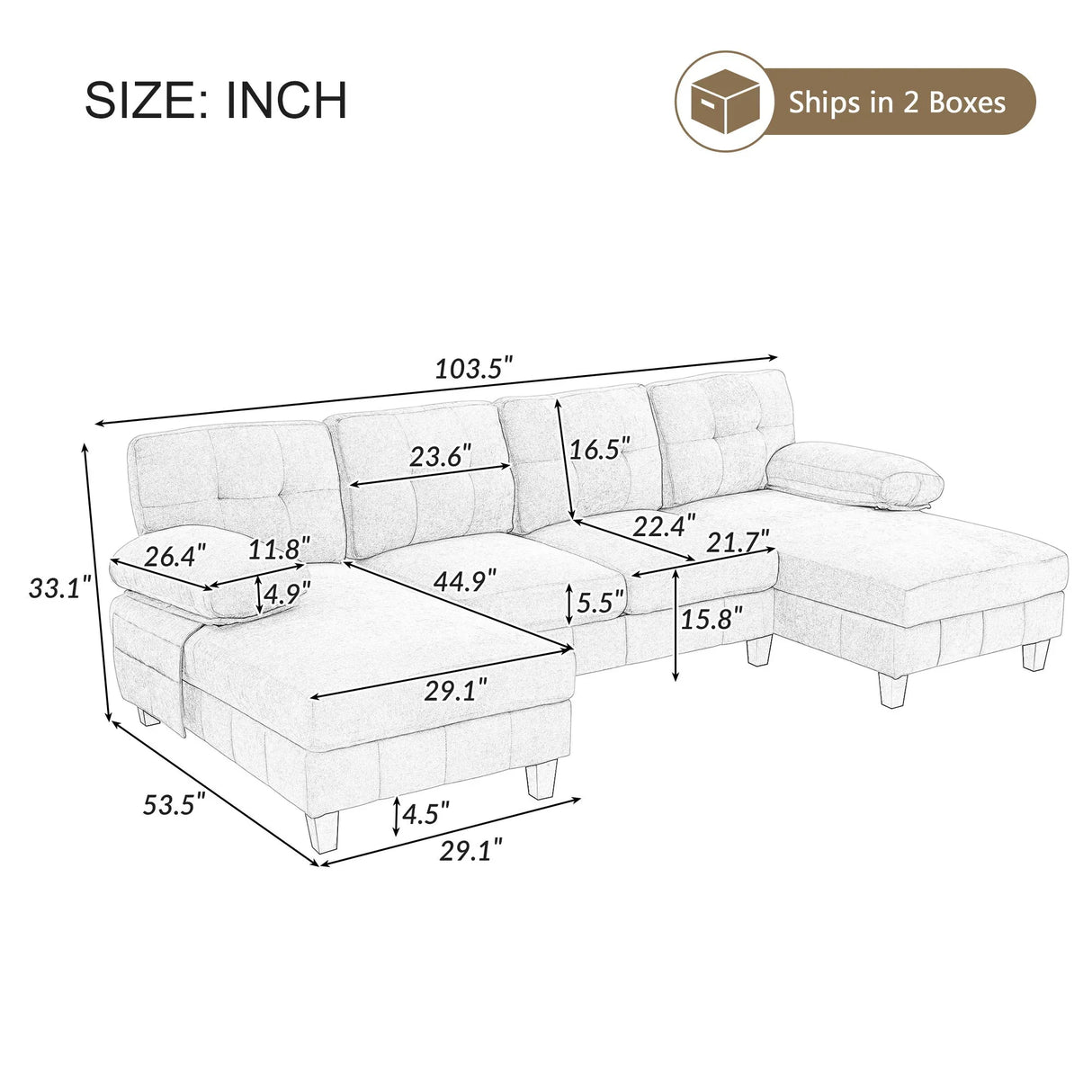 U-Shaped Sectional Sofa 103.5" Black Chenille Fabric Couch With Dual Chaise Lounges, Storage Pockets, Armrest Pillows - Furniture Home Direct
