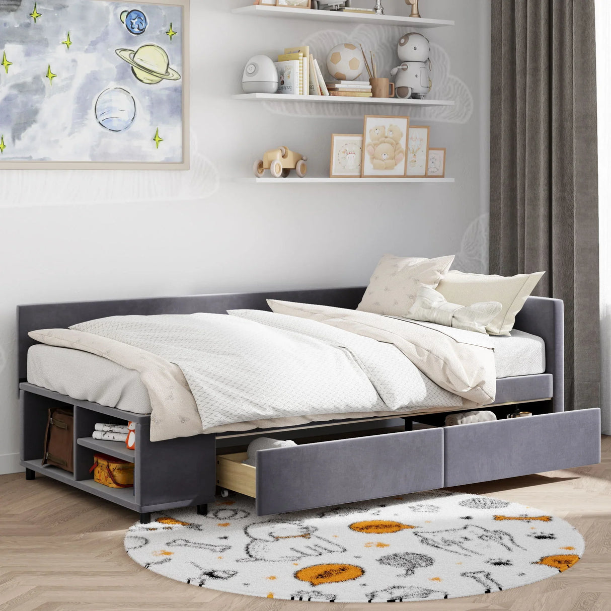 L Shaped Upholstered Platform Bed With Storage And Drawers - Furniture Home Direct