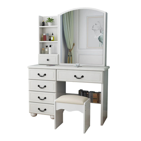 Fashion Vanity Desk With Mirror And Adjustable Lighting, 6 Drawers, 3 Color Light Modes - White - Furniture Home Direct