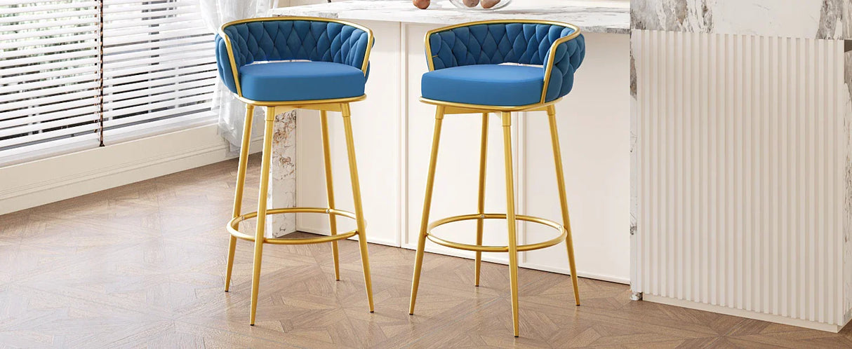 Counter Height Bar Stools Pair Tufted Gold Frame Blue - Furniture Home Direct
