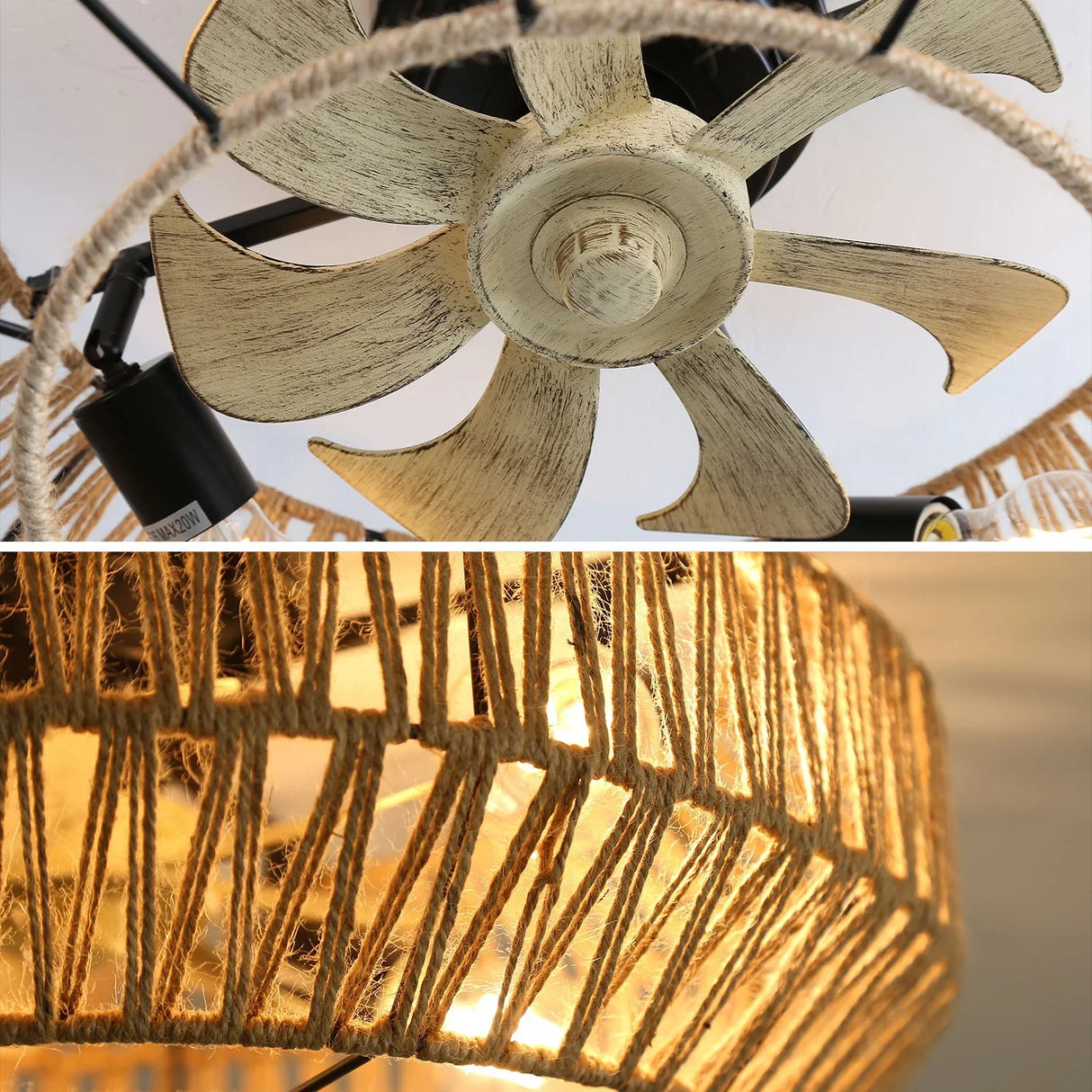 20" New Boho Caged Ceiling Fan With Enclosed Rattan 6 Speeds Remote Control Reversible Dc Motor For Living Room - Rattan - Furniture Home Direct