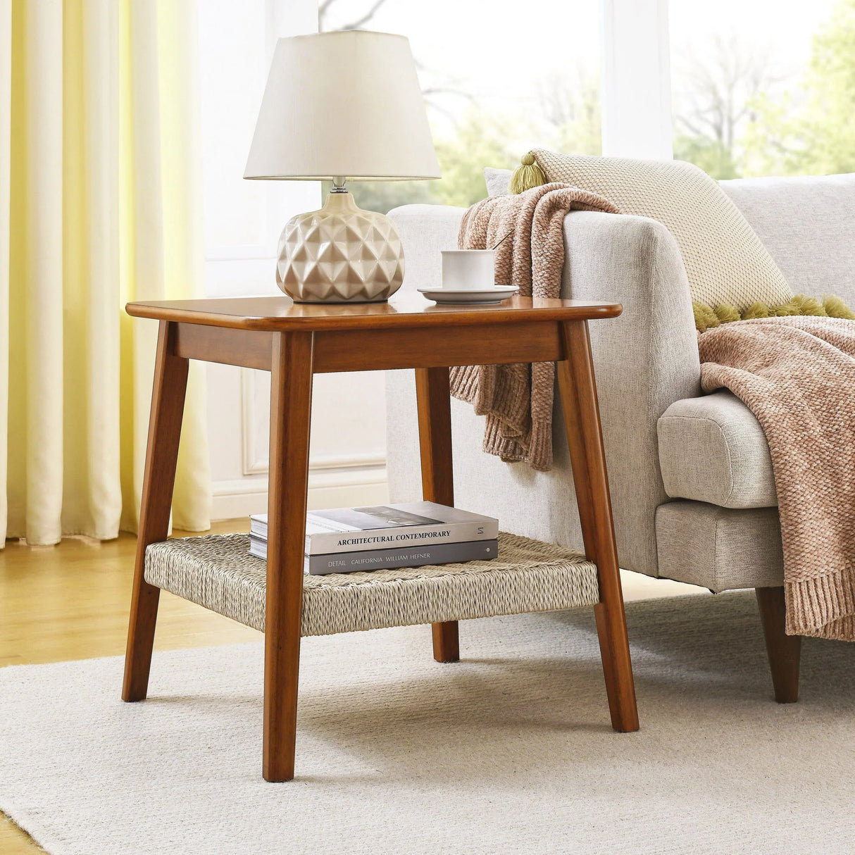 Mid - Century Square Side Table With Woven Shelf - Walnut - Furniture Home Direct