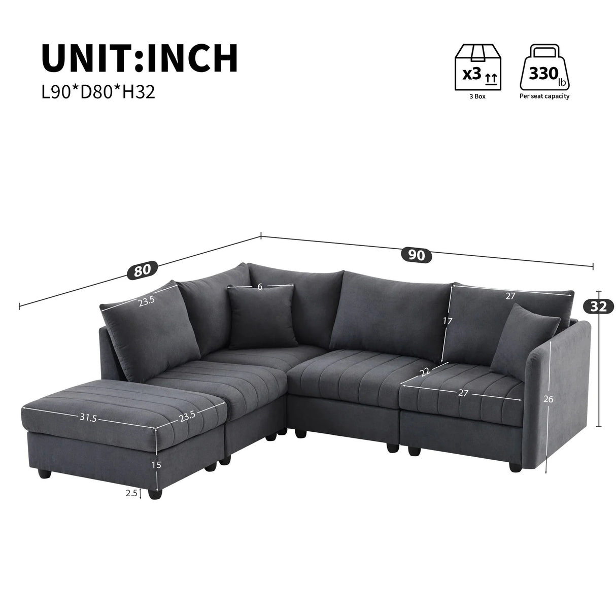 Modern Sectional Sofa With Vertical Stripes, 2 Pillows, 5 Seat Couch With Convertible Ottoman, Various Combinations, L-Shape Indoor Furniture For Living Room - Furniture Home Direct
