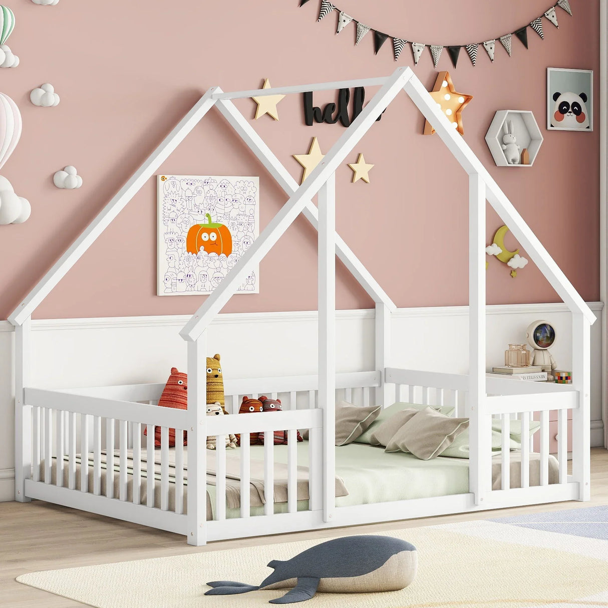 Wood House-Shaped Floor Bed With Fence, Guardrails - Furniture Home Direct