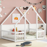 Wood House-Shaped Floor Bed With Fence, Guardrails - Furniture Home Direct