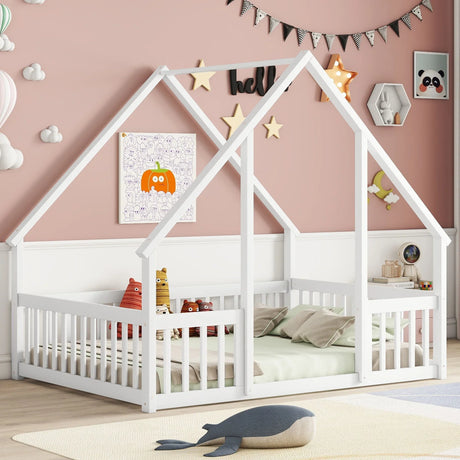 Wood House-Shaped Floor Bed With Fence, Guardrails - Furniture Home Direct