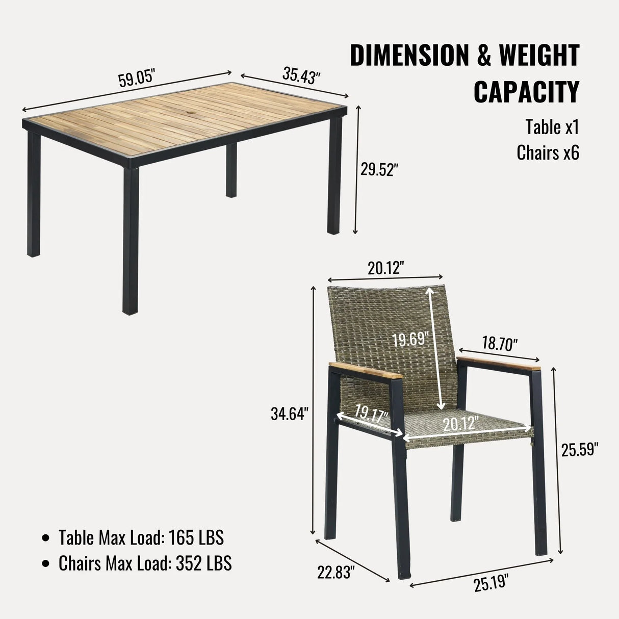 All Weather 7 Piece Patio Dining Table Set With Umbrella Hole - Brown / Gray - Furniture Home Direct