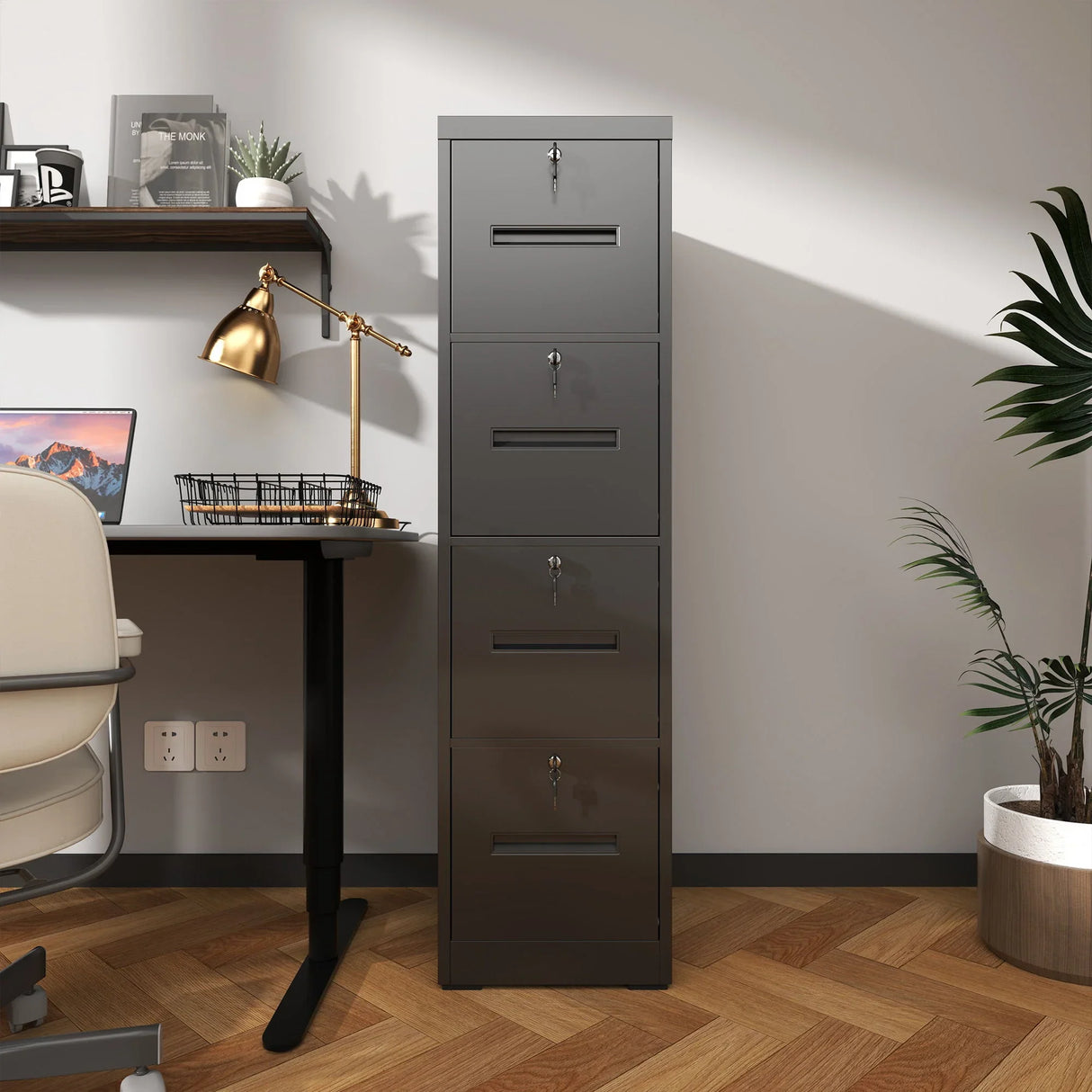 Modern 4 Drawer Metal Vertical Filing Cabinets With Lock For Home Office, Steel Construction, Letter / Legal / A4 / F4 Size - Brushed Nickel - Furniture Home Direct
