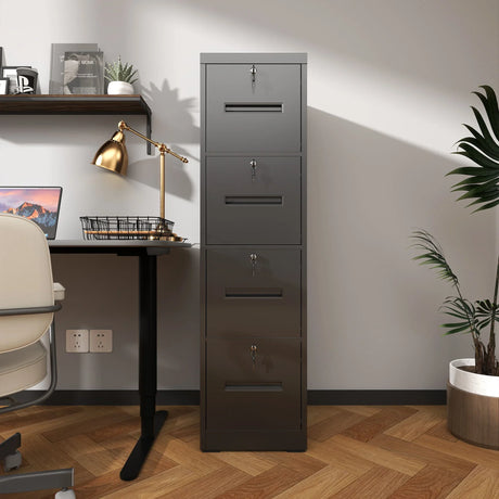Modern 4 Drawer Metal Vertical Filing Cabinets With Lock For Home Office, Steel Construction, Letter / Legal / A4 / F4 Size - Brushed Nickel - Furniture Home Direct