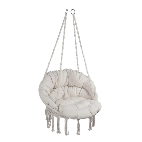 Macrame Hanging Hammock Chair With Cushion, Cotton Rope Swing For Indoor And Outdoor Use, 330 Lbs Capacity - Beige - Furniture Home Direct
