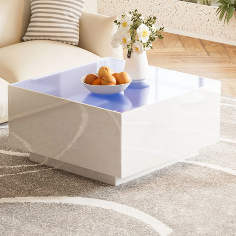 Square High Glossy Coffee Table With 16 Color Led Strip Lights, Modern Center Table With 5Mm Frosted Tempered Glass Top For Living Room - Furniture Home Direct