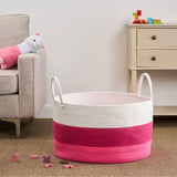 Cotton Round Laundry And Storage Basket With Handles - Pink / White - Furniture Home Direct