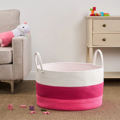 Cotton Round Laundry And Storage Basket With Handles - Pink / White - Furniture Home Direct