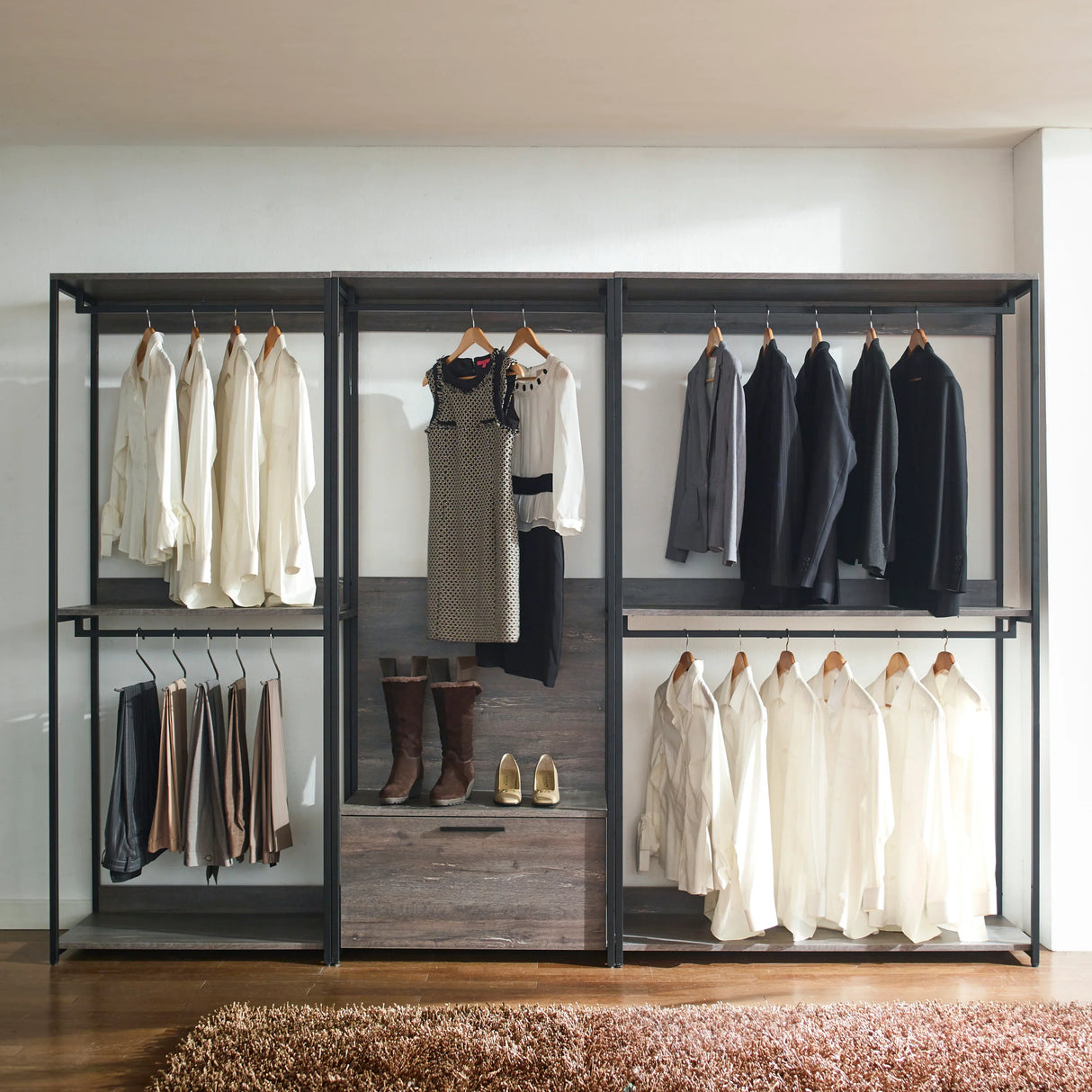 Closet System Industrial Metal Frame With Wood Panels Brown - Furniture Home Direct