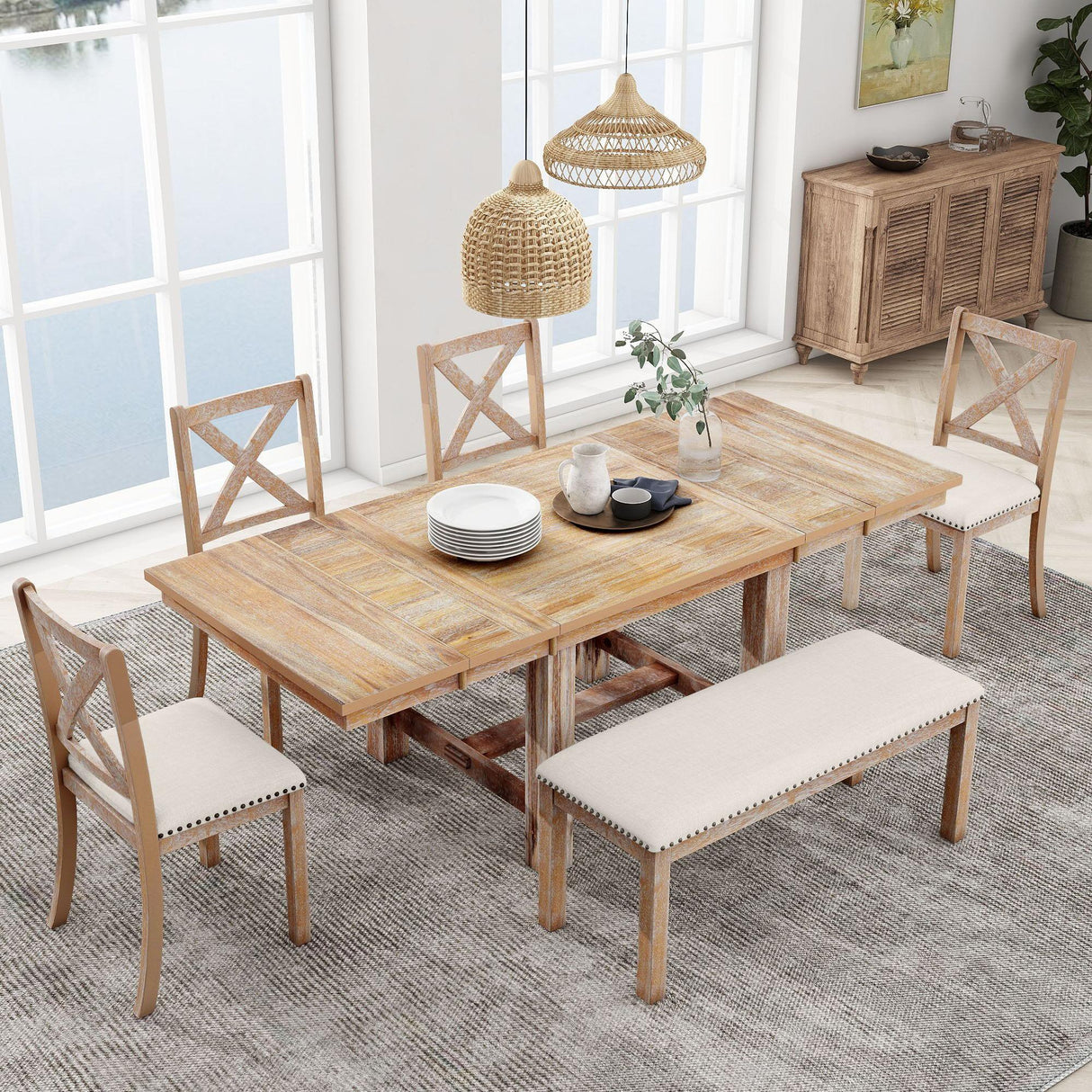 Topmax - 6 Piece Farmhouse Extendable Dining Table With Footrest, 4 Upholstered Dining Chairs And Dining Bench, Two 11" Removable Leaf - Furniture Home Direct