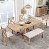 Topmax - 6 Piece Farmhouse Extendable Dining Table With Footrest, 4 Upholstered Dining Chairs And Dining Bench, Two 11" Removable Leaf - Furniture Home Direct