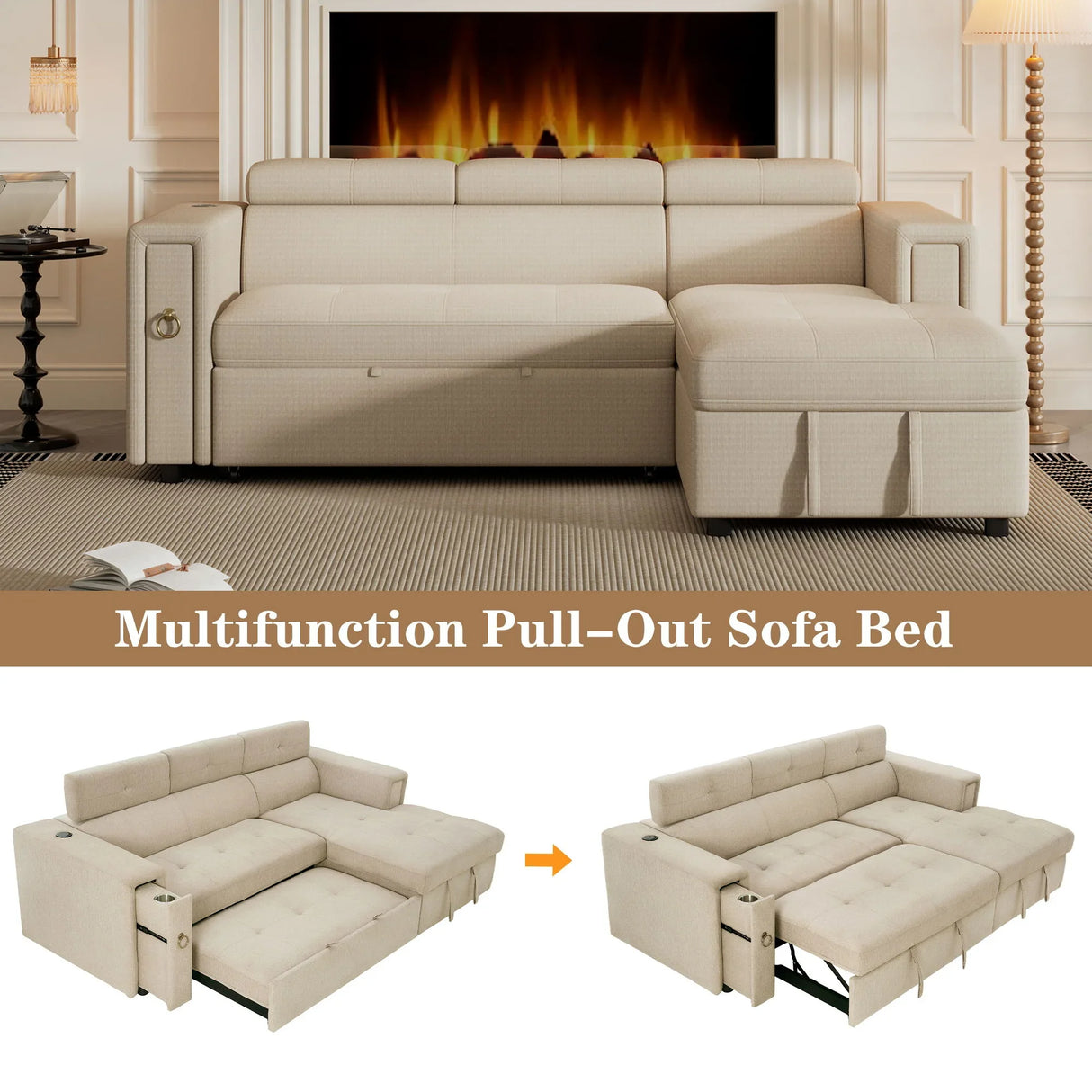 Multi-Functional Pull-Out Sofa Bed L-Shape Sectional Sofa With Adjustable Headrest, Wireless Charging, Cup Holders And Hidden Storage For Living Room - Furniture Home Direct