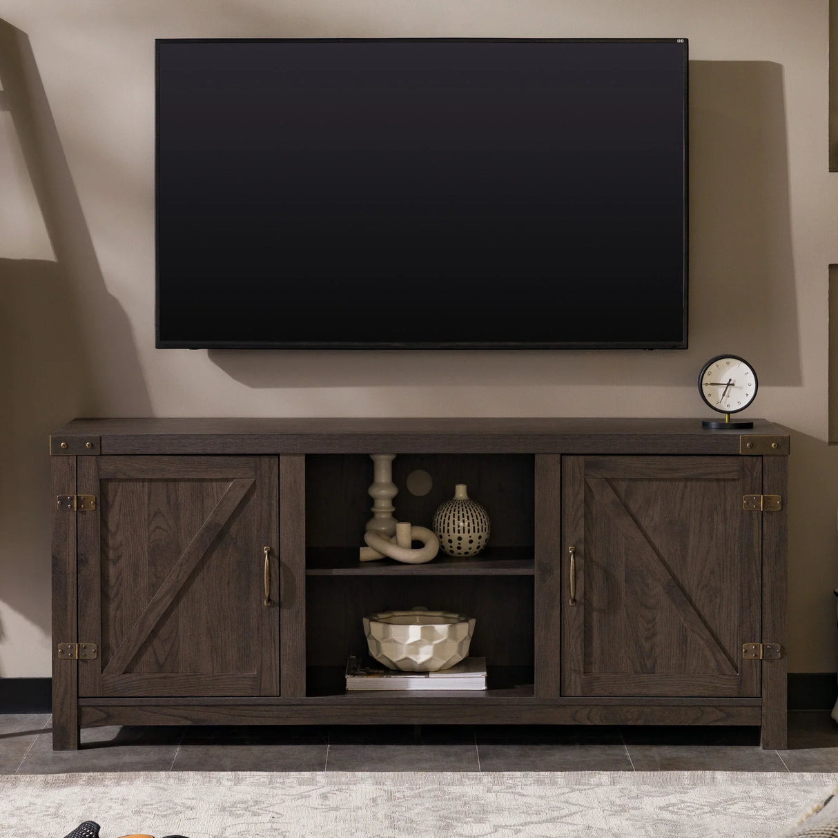 Modern Farmhouse Barn Door 3 Shelf TV Stand For TVs Up To 65” - Furniture Home Direct