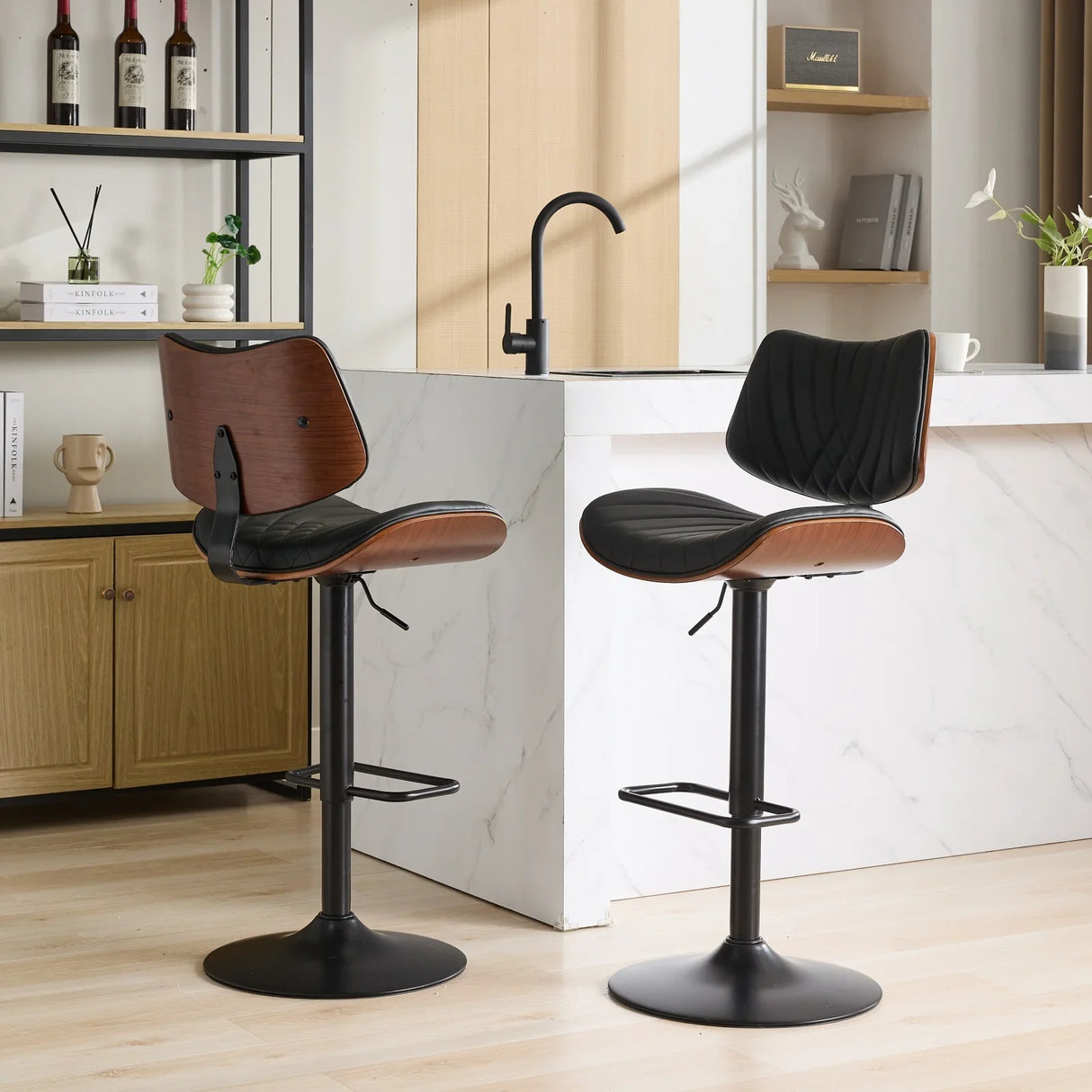 Counter Stool Adjustable PU Leather Upholstered Black - Furniture Home Direct