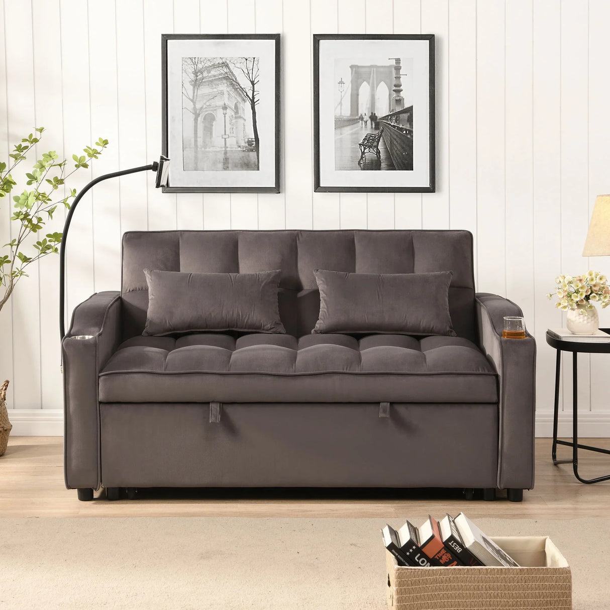 Modern Velvet Loveseat Futon Sofa With Pullout Bed, Adjustable Reclining Backrest, Toss Pillows - Furniture Home Direct