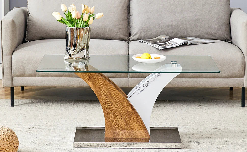 Coffee Table Glass Top With Wooden Base Modern Brown - Furniture Home Direct