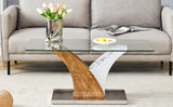 Coffee Table Glass Top With Wooden Base Modern Brown - Furniture Home Direct