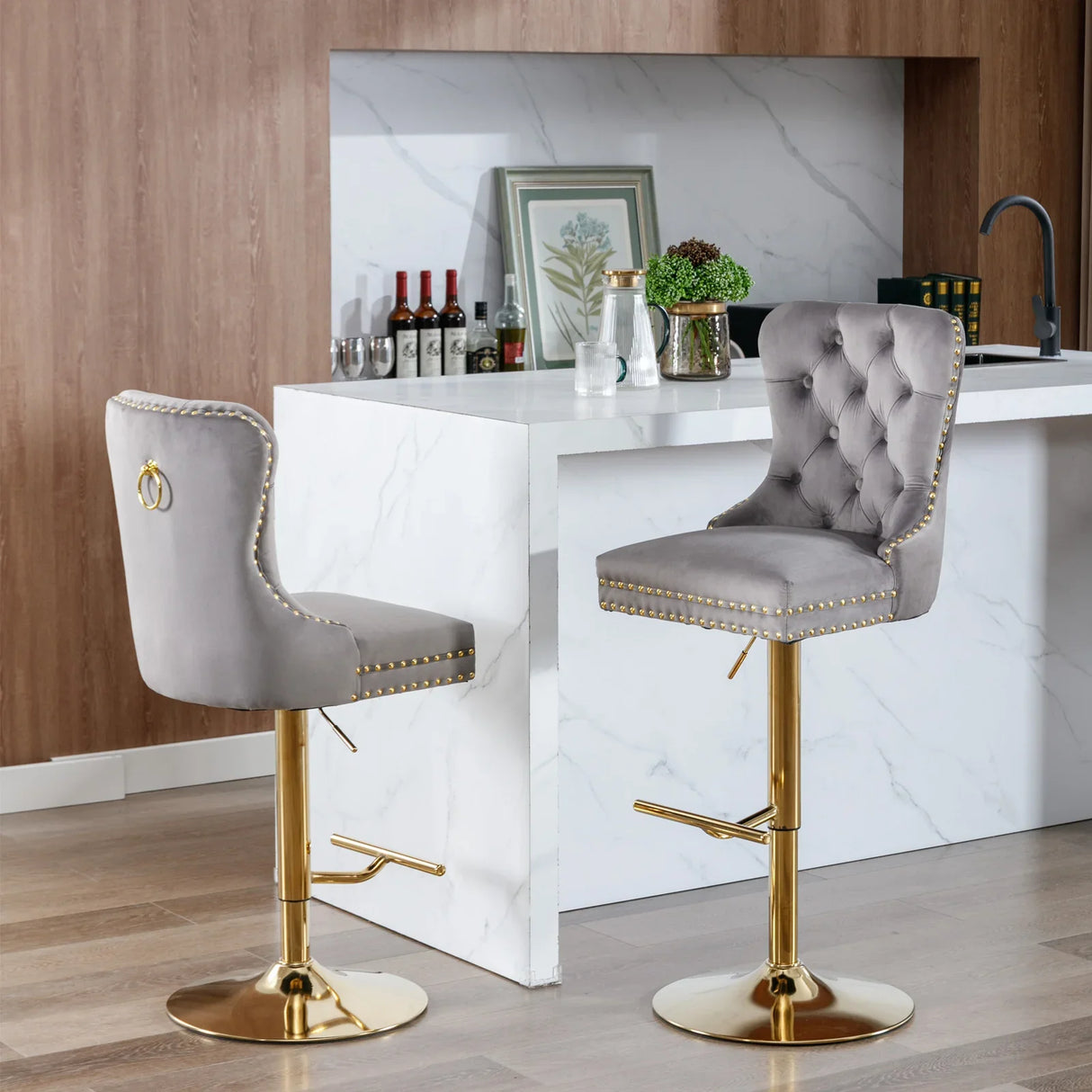 Counter Stools Tufted Velvet Back Swivel Gold Base Gray - Furniture Home Direct