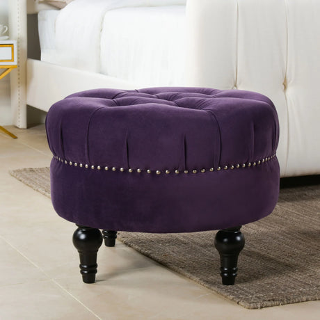 Dawn - Tufted Round Ottoman Nailhead Accents - Purple - Furniture Home Direct