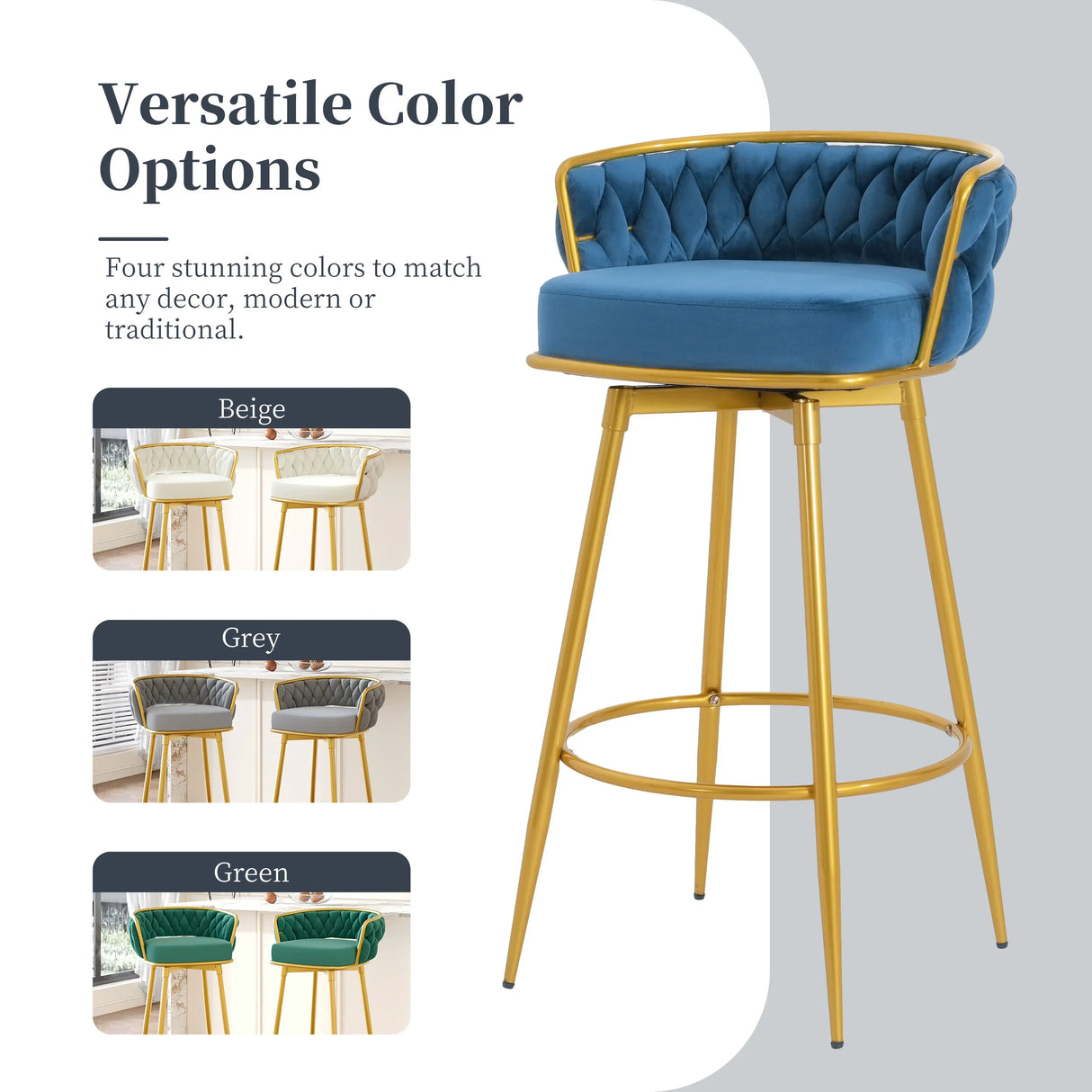 Counter Height Bar Stools Pair Tufted Gold Frame Blue - Furniture Home Direct