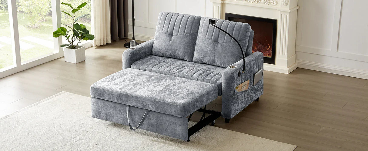 Sleeper Sofa With Adjustable Backrest, Two Cup Holders, Phone Holder, Three Charging Ports And Side Storage Pockets - Gray - Furniture Home Direct