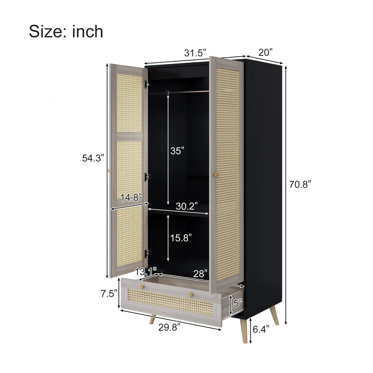 Wardrobe With 2 Rattan Doors And Drawer Natural Black - Furniture Home Direct
