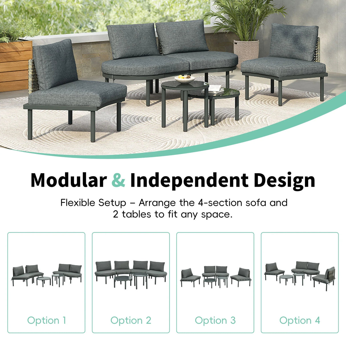 6 Piece Patio Set, Half Moon Outdoor Sectional Sofa With 2 High Low Coffee Tables, 4 Pillows & Cushions - Furniture Home Direct