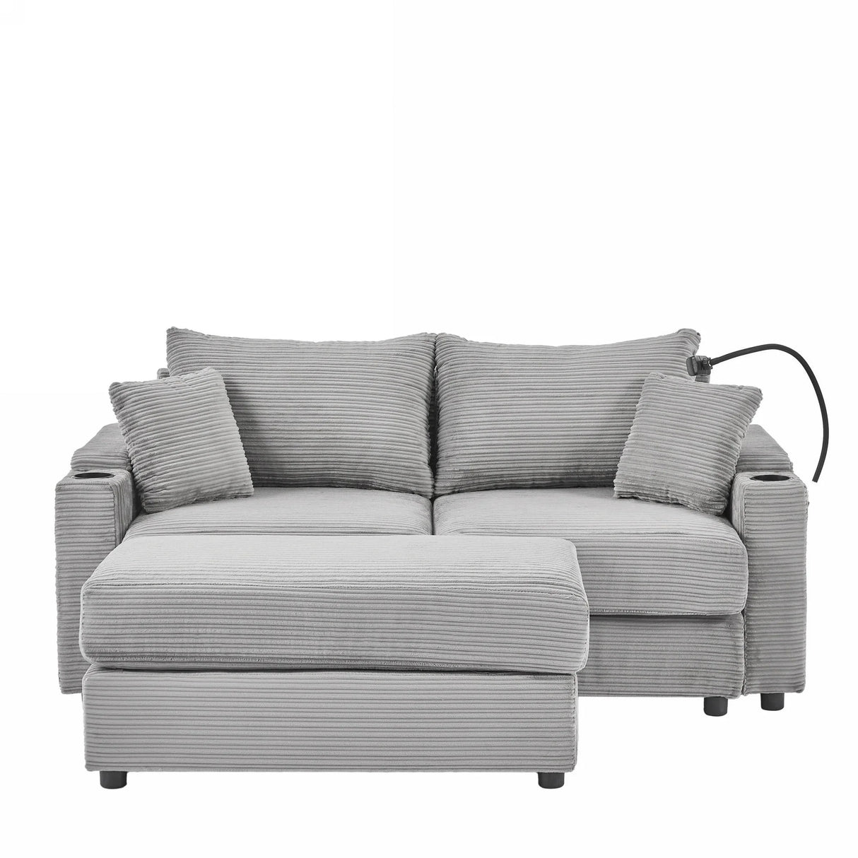 Modern Style Loveseat With Storage, Ottoman, Two USB Ports, Two Cup Holders and Phone Holder - Gray - Furniture Home Direct