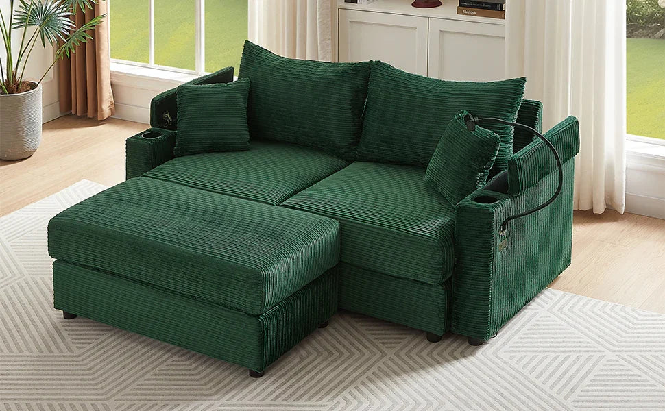 Sofa and Ottoman With Storage, Two USB Ports, Two Cup Holders and Phone Holder - Green - Furniture Home Direct