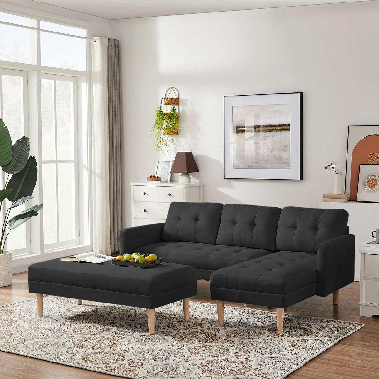 Right Facing Sofa Chaise with Ottoman - Black - Furniture Home Direct